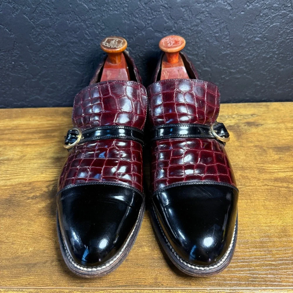 Stacy Baldwin 13803 Burgundy Black Croc Patent Leather Monk Strap Mens 9 D